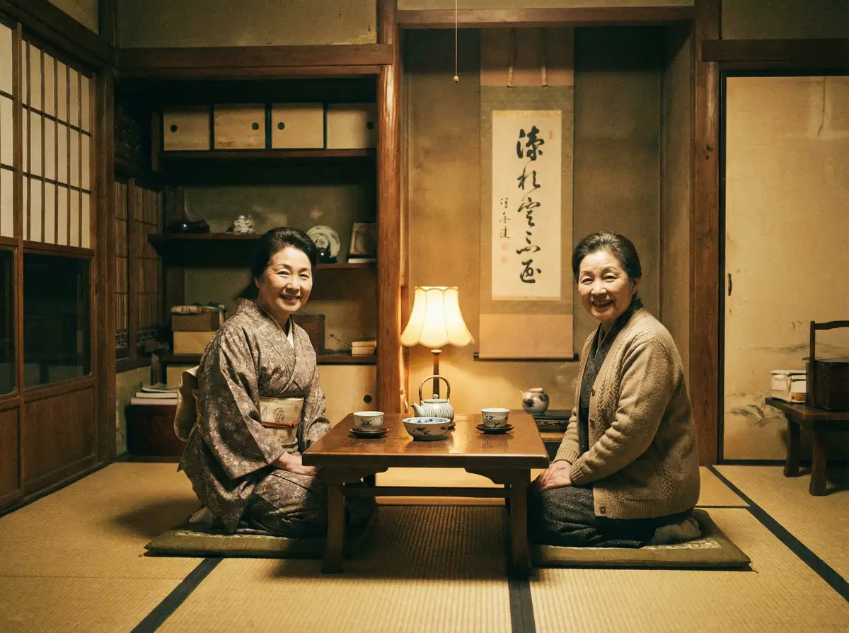 两位优雅的 桃花剧场手机版 在日式茶室中品茶交谈